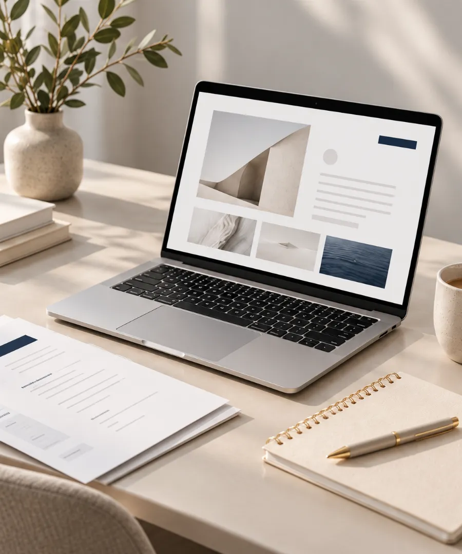 Laptop, printed CV and notebook on a desk