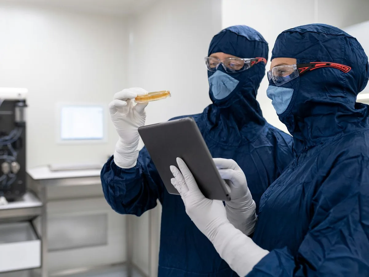 Two colleagues reviewing production data on a tablet in a factory